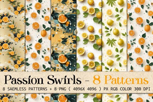Passion Fruit Swirls 8 Seamless Patterns